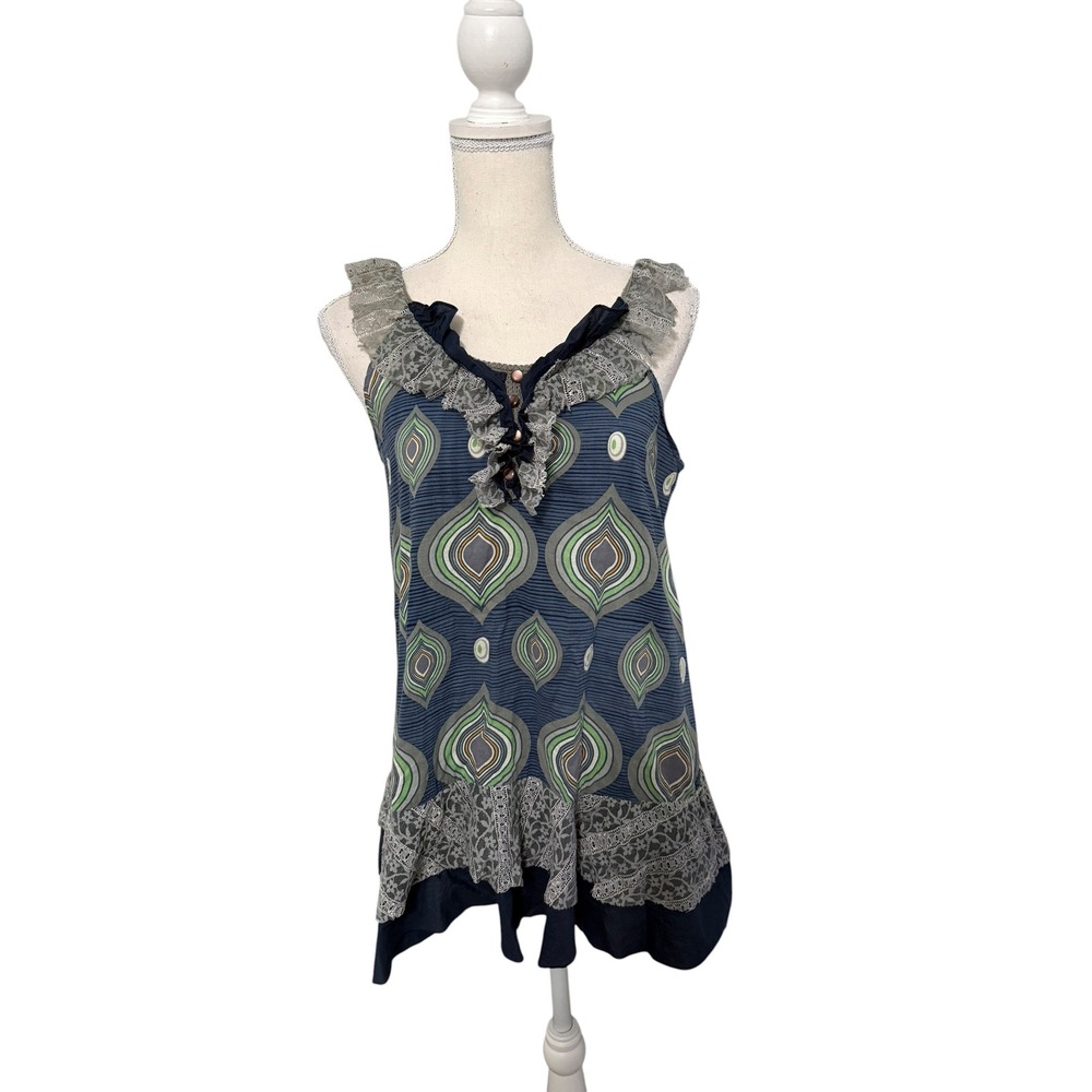 Y2K Hazel Blue Geometric Print Lace Trim Sleeveless Tunic Top Cotton Size M
